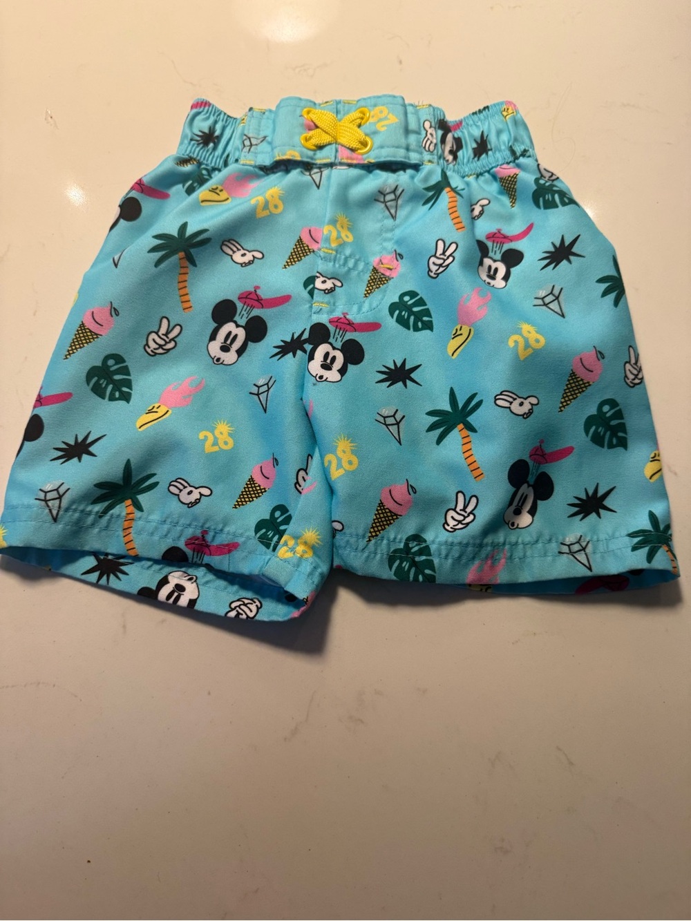Disney Kids Aqua Mickey Print Swim Shorts with Yellow Drawstring